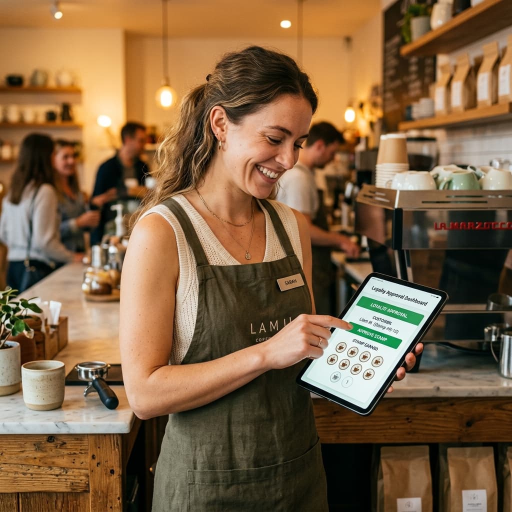 A barista tapping approve on a tablet dashboard to issue a loyalty stamp to a customer